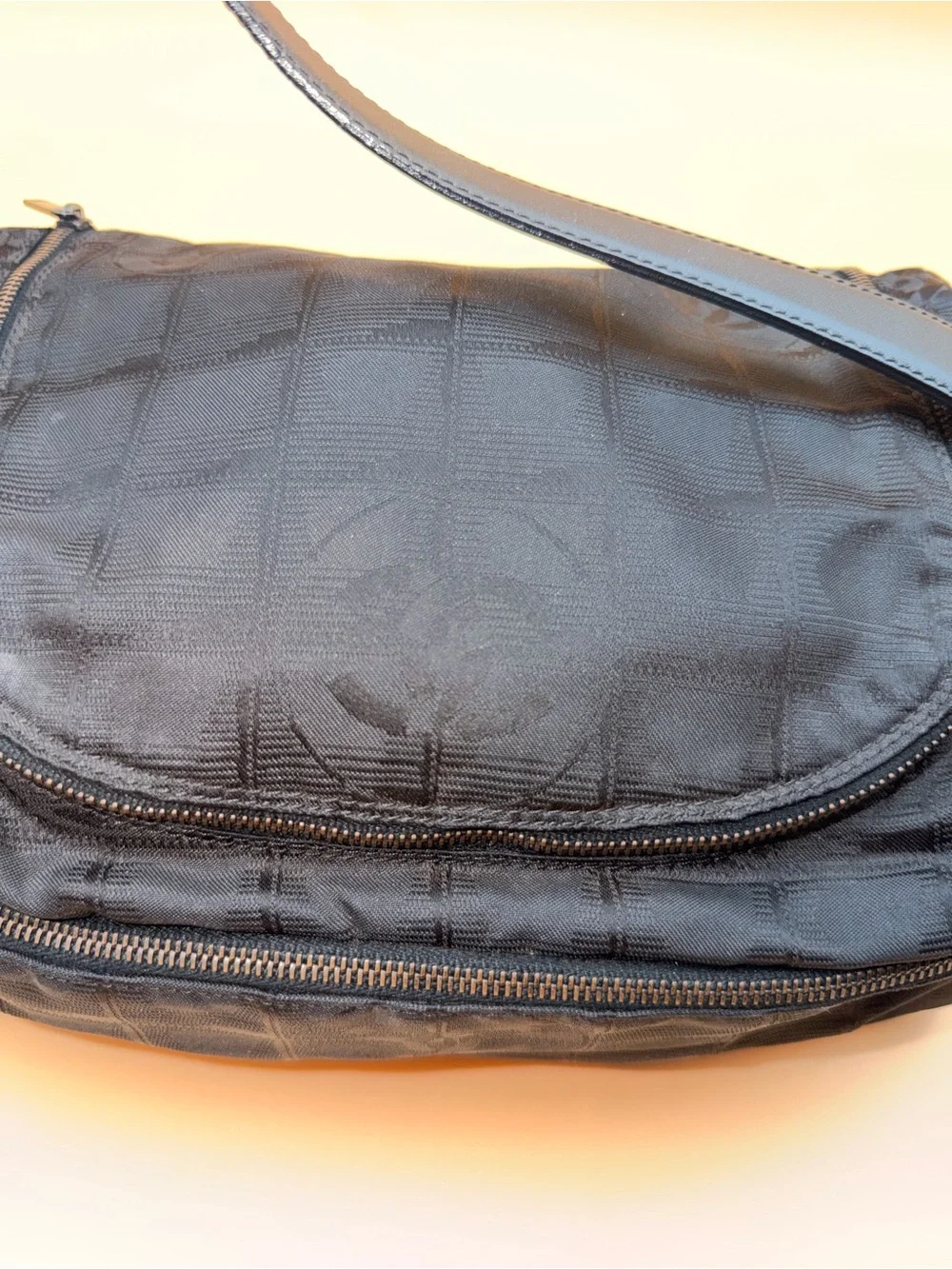 Authentic Chanel Vintage Black New Travel Line CC Jacquard Shoulder Bag 6-Series